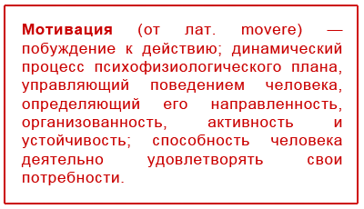 Мотива́ция (от лат. movere) — побуждение к действию; динамический процесс психофизиологического плана, управляющий поведением человека, определяющий его направленность, организованность, активность и устойчивость; способность человека деятельно удовлетворять свои потребности.